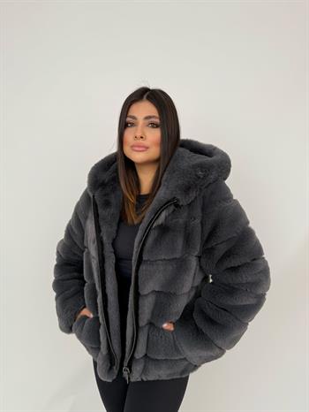 ROSA Kapüşonlu Suni Kürk Ceket - Antrasit