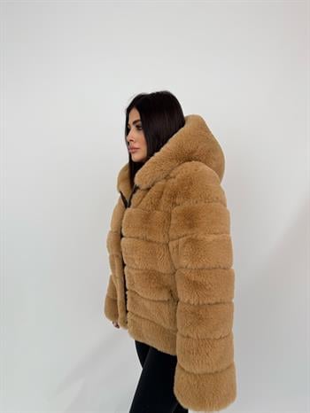 ROSA Kapüşonlu Suni Kürk Ceket - Camel