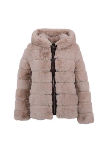 ROSA Kapüşonlu Suni Kürk Ceket - Taş