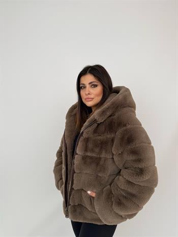 ROSA Kapüşonlu Suni Kürk Ceket - Vizon