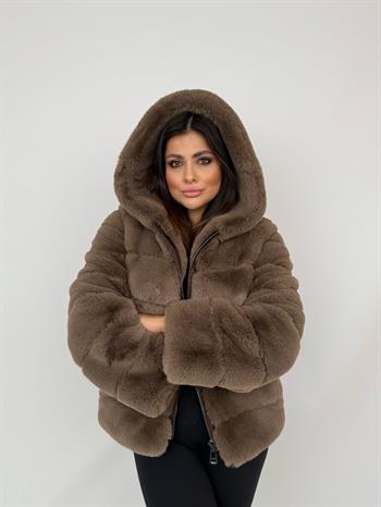 ROSA Kapüşonlu Suni Kürk Ceket - Vizon