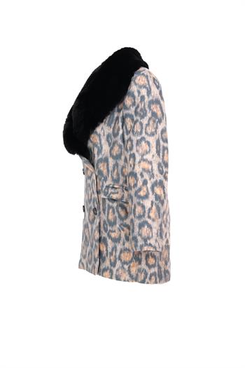 ROUGE Yakası Kürklü Kaşe Ceket - Leopar