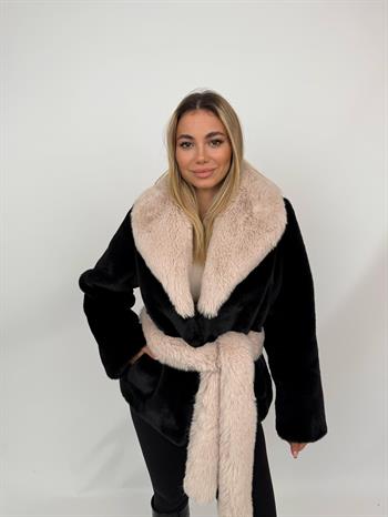 ROVESSA Suni Kürk Ceket - Siyah-Bej