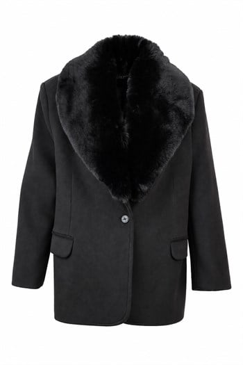 RUBY Yakası Kürklü Oversize Kaşe Ceket - Siyah