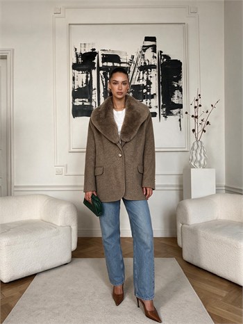 RUBY Yakası Kürklü Oversize Kaşe Ceket - Vizon