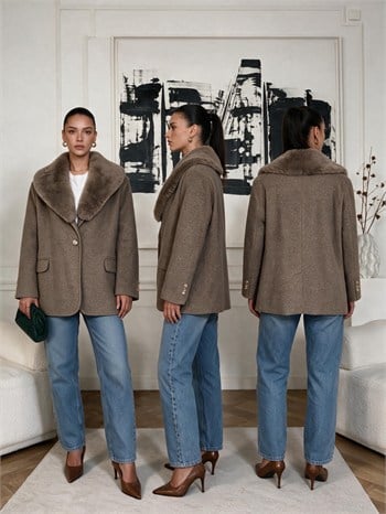 RUBY Yakası Kürklü Oversize Kaşe Ceket - Vizon