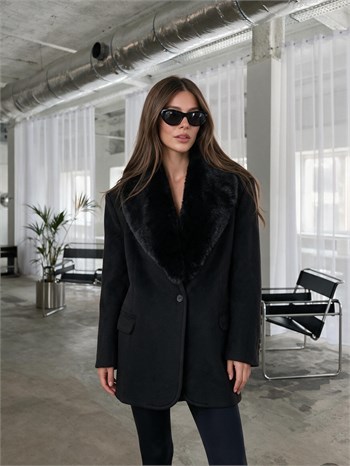 RUBY Yakası Kürklü Oversize Kaşe Ceket - Siyah
