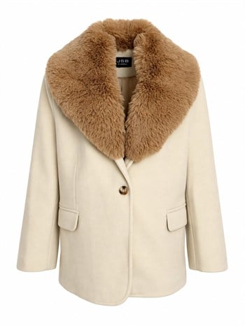 RUBY Yakası Kürklü Oversize Kaşe Ceket - Krem