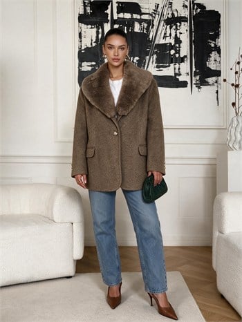 RUBY Yakası Kürklü Oversize Kaşe Ceket - Vizon