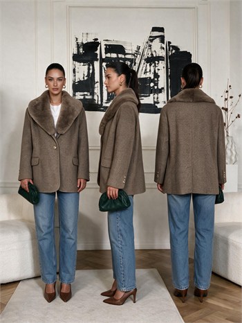 RUBY Yakası Kürklü Oversize Kaşe Ceket - Vizon