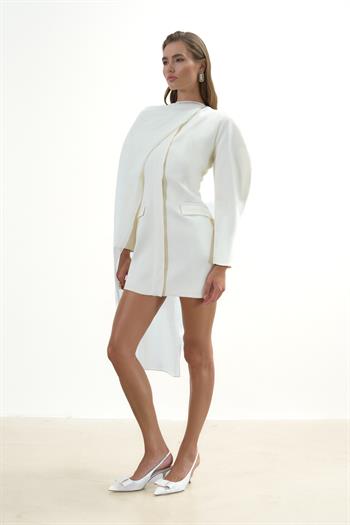 Şal Detaylı Mini Ceket Elbise - Kırık Beyaz