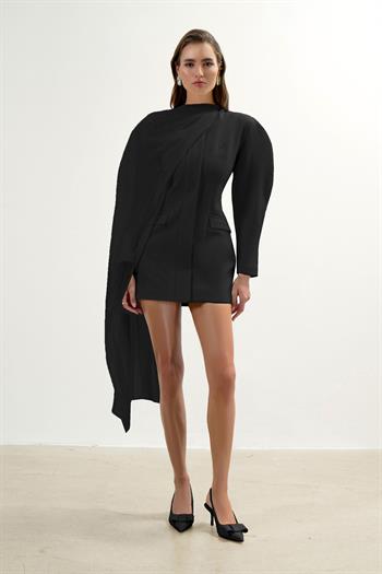 Şal Detaylı Mini Ceket Elbise - Siyah