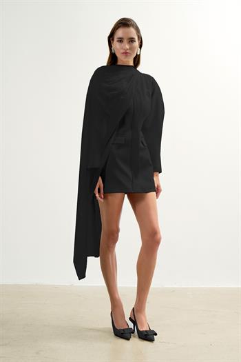 Şal Detaylı Mini Ceket Elbise - Siyah