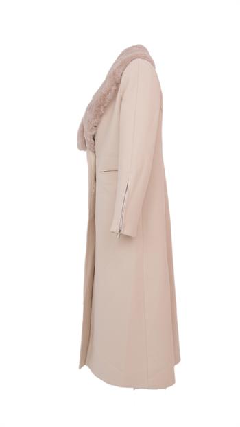 SANDRA Yakası Kürklü Kaşe Kaban - Bej