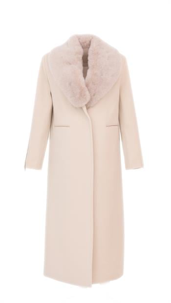 SANDRA Yakası Kürklü Kaşe Kaban - Bej