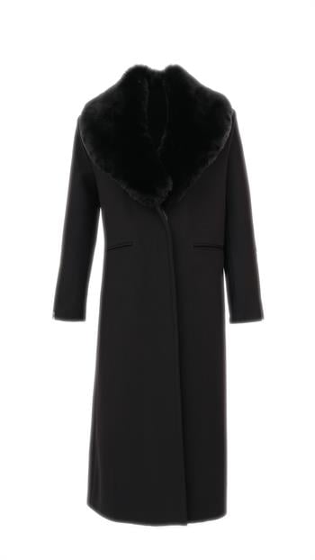 SANDRA Yakası Kürklü Kaşe Kaban - Siyah