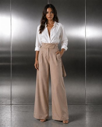 SERENA Dikiş Detaylı Yüksek Bel Pantolon - Bej