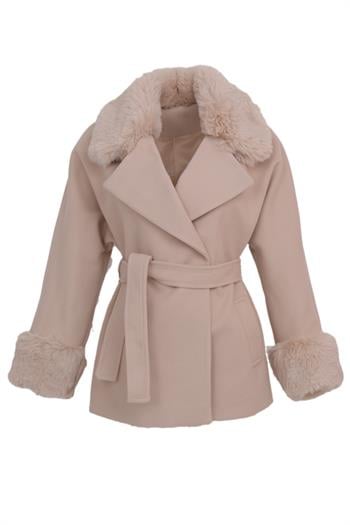 STELLA Yakası Kürklü Kaban - Bej