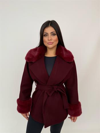 STELLA Yakası Kürklü Kaban - Bordo