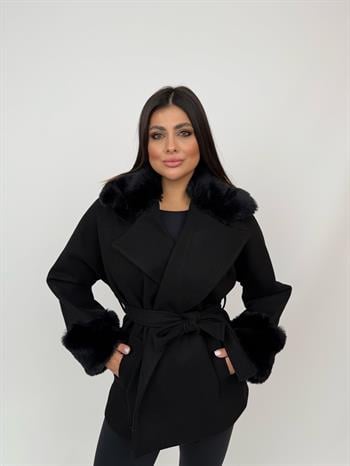 STELLA Yakası Kürklü Kaban - Siyah