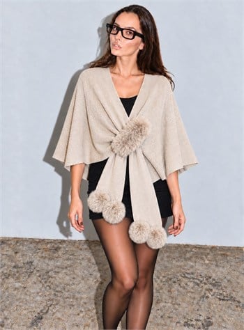 Triko Dokuma Kürklü Panço - Bej
