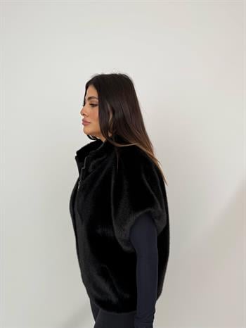 VELORA Suni Kürk Yelek - Siyah