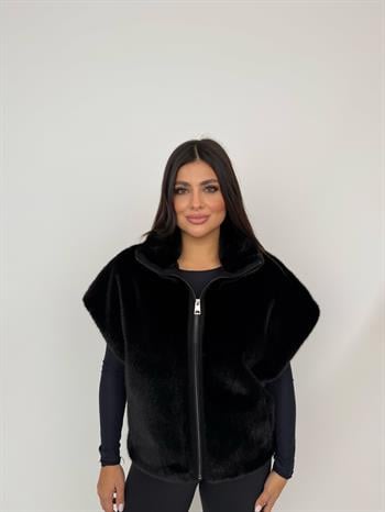 VELORA Suni Kürk Yelek - Siyah