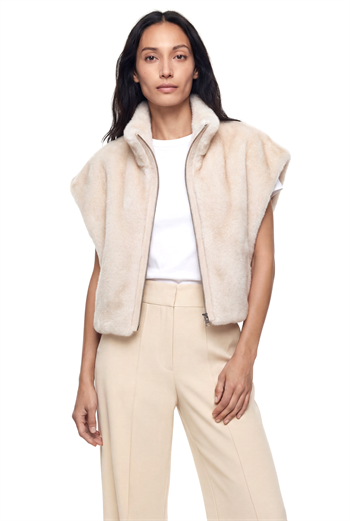 VELORA Yarasa Kol Dik Yakalı Suni Kürk Yelek - Bej