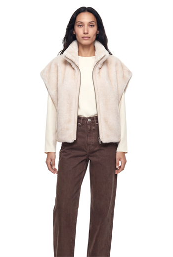 VELORA Yarasa Kol Dik Yakalı Suni Kürk Yelek - Bej