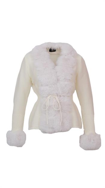 WALES Kürklü Triko Hırka - Ekru