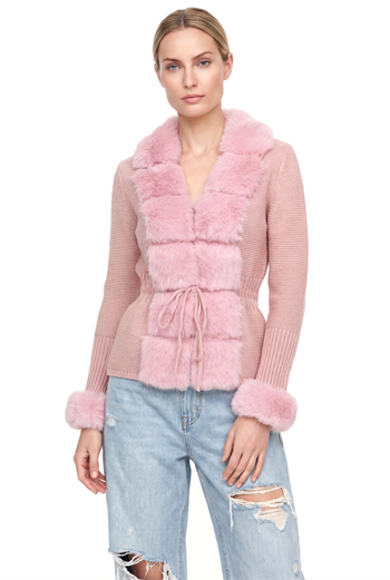 WALES Kürklü Triko Hırka - Pudra