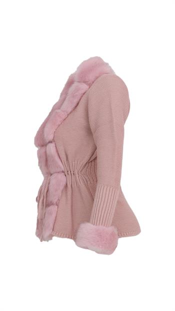 WALES Kürklü Triko Hırka - Pudra