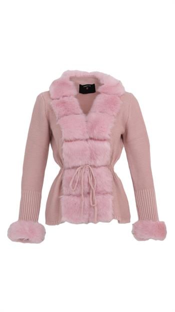 WALES Kürklü Triko Hırka - Pudra