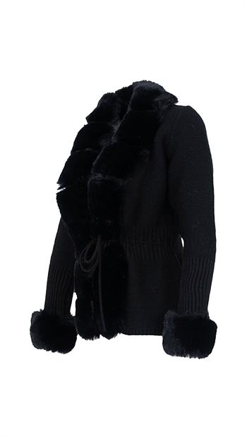 WALES Kürklü Triko Hırka - Siyah