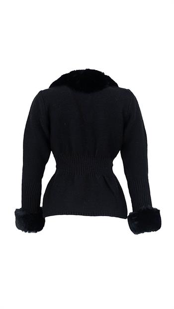 WALES Kürklü Triko Hırka - Siyah