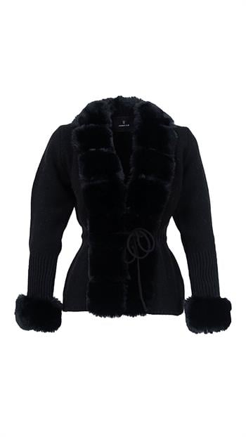 WALES Kürklü Triko Hırka - Siyah