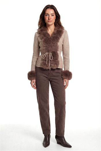 WALES Kürklü Triko Hırka - Vizon