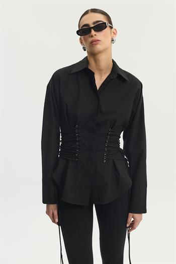 Yandan İpli Uzun Gömlek - Siyah