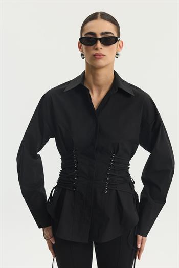 Yandan İpli Uzun Gömlek - Siyah