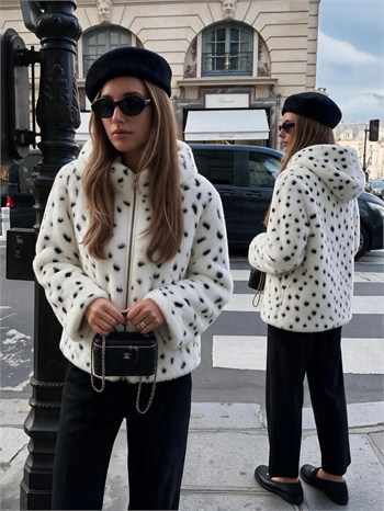 ZOEY Kapüşonlu Desenli Suni Kürk Ceket - Leopar