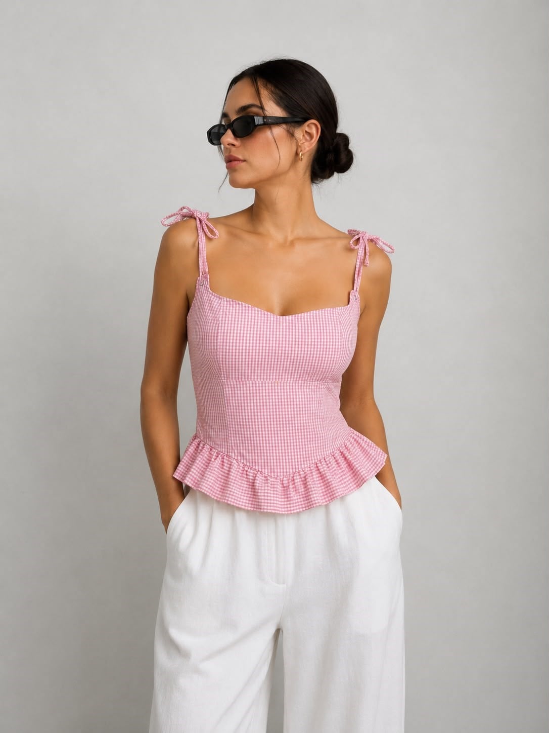 Bağcıklı Crop Bluz - Pembe