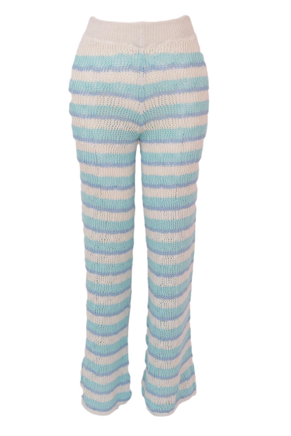 Çizgi Desen Triko Pantalon - Aqua