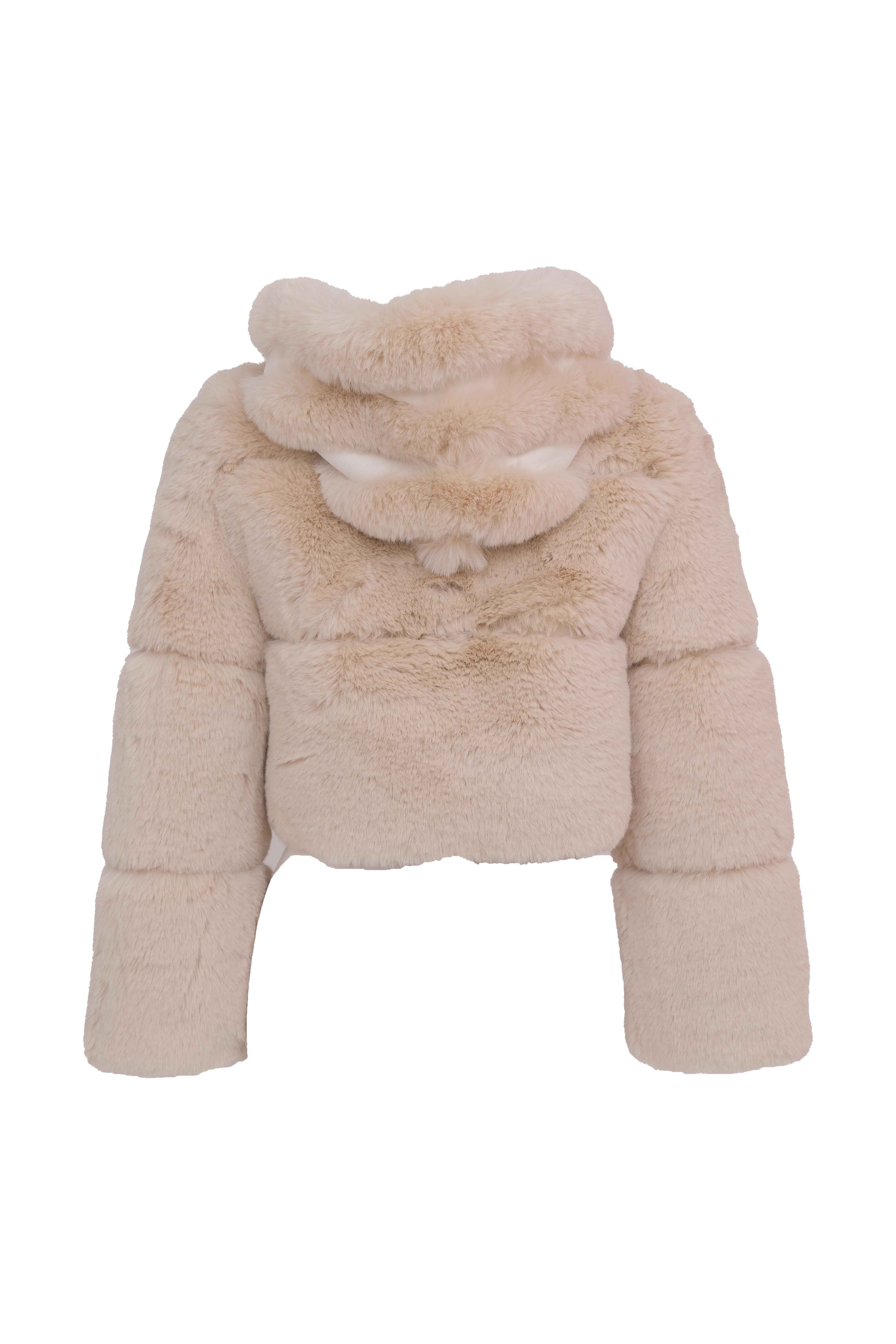 FOXY Kapüşonlu Kısa Suni Kürk Ceket - Bej - Jammy Fur