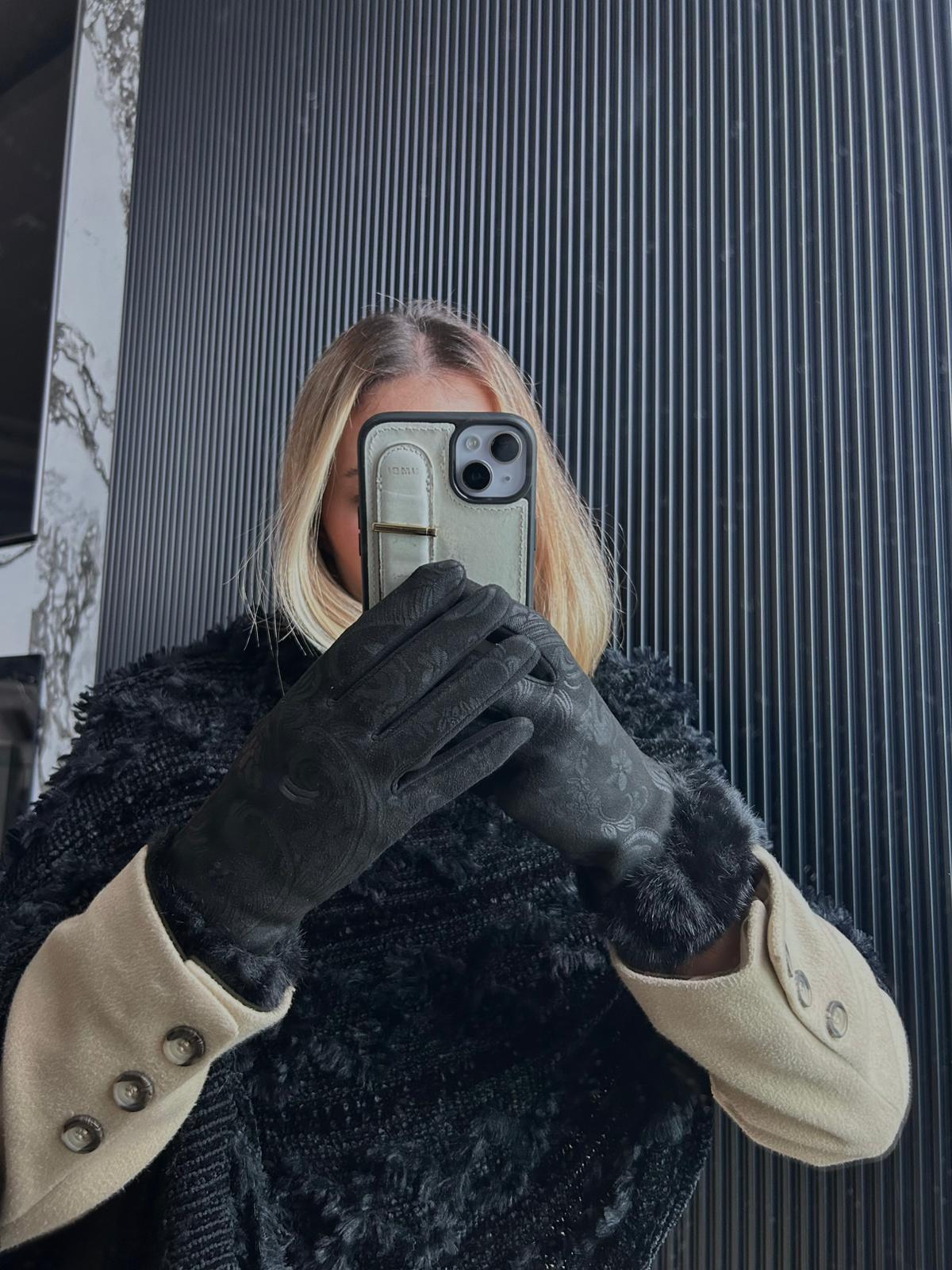 JF Bileği Kürklü Desenli Süet Eldiven - Siyah