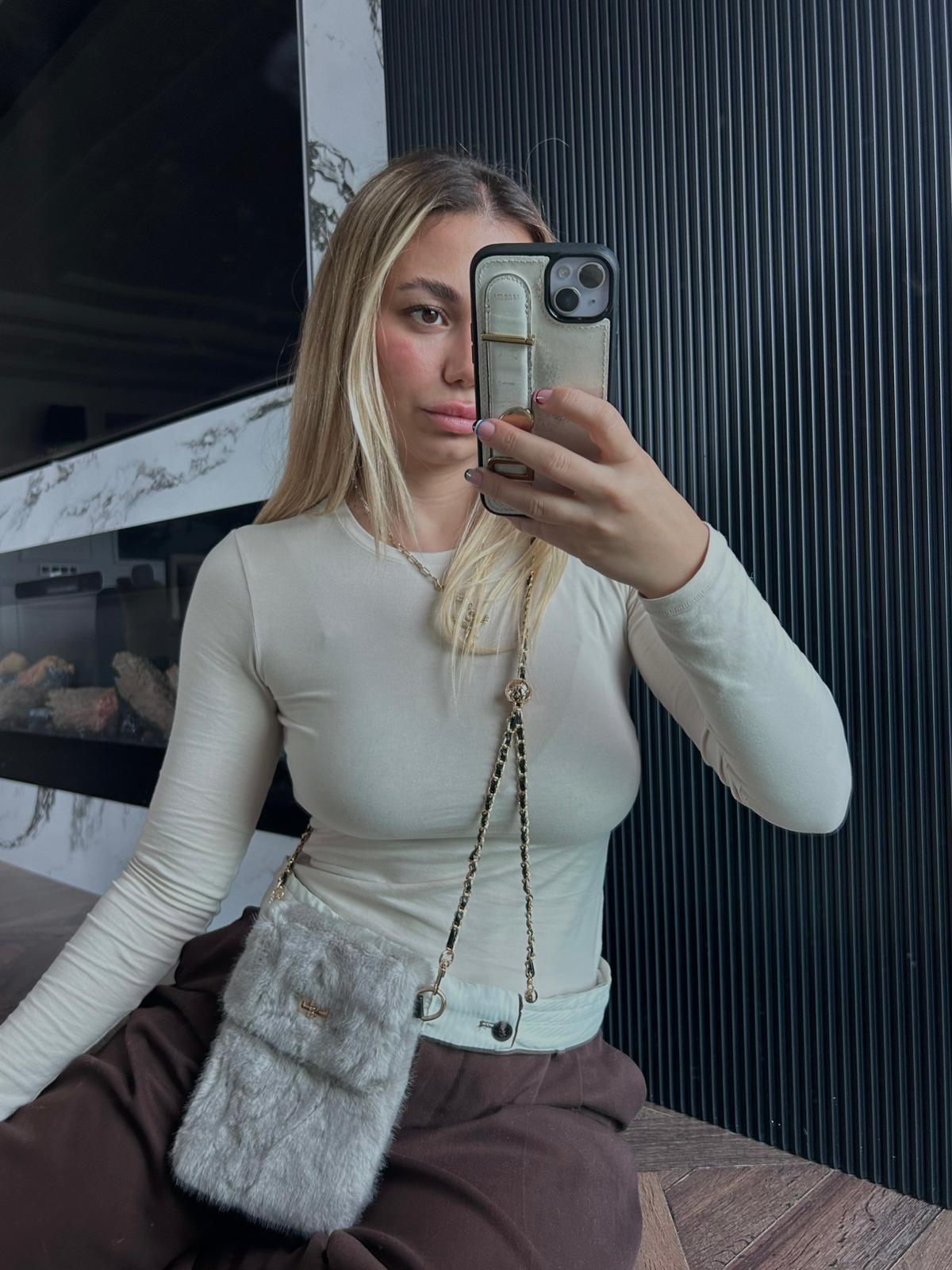 JF Gold Zincir Detaylı Askı Peluş Çanta - Gri