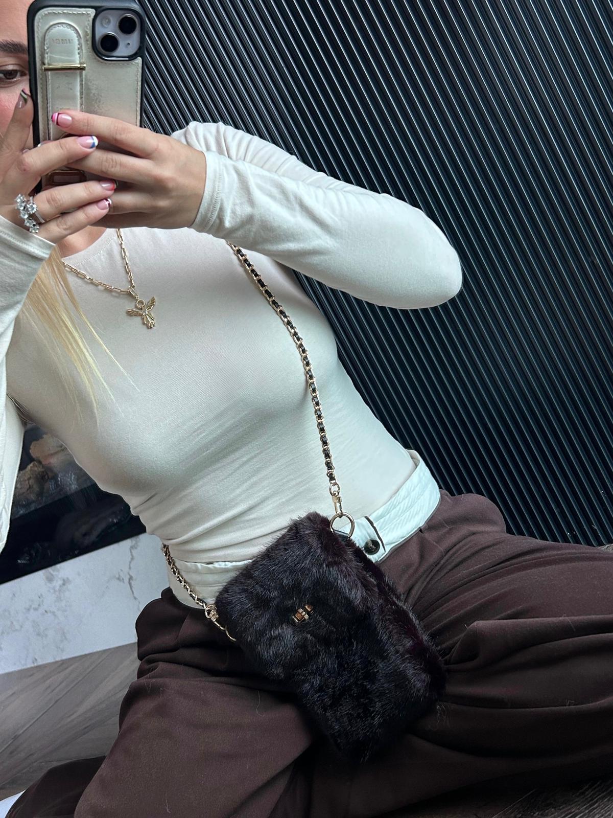 JF Gold Zincir Detaylı Askı Peluş Çanta - Mürdüm