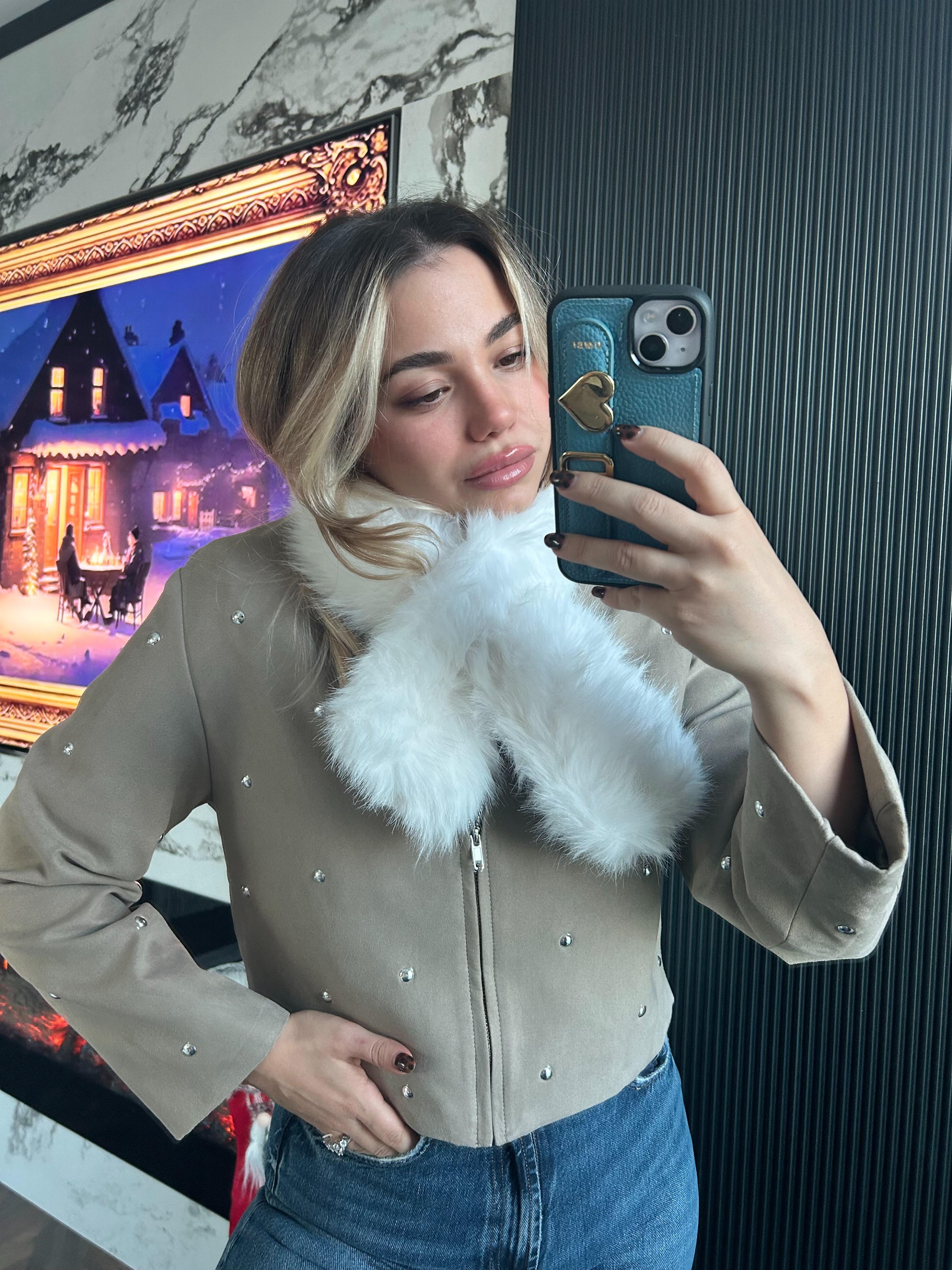 JF İçten Geçmeli Kürk Atkı - Beyaz