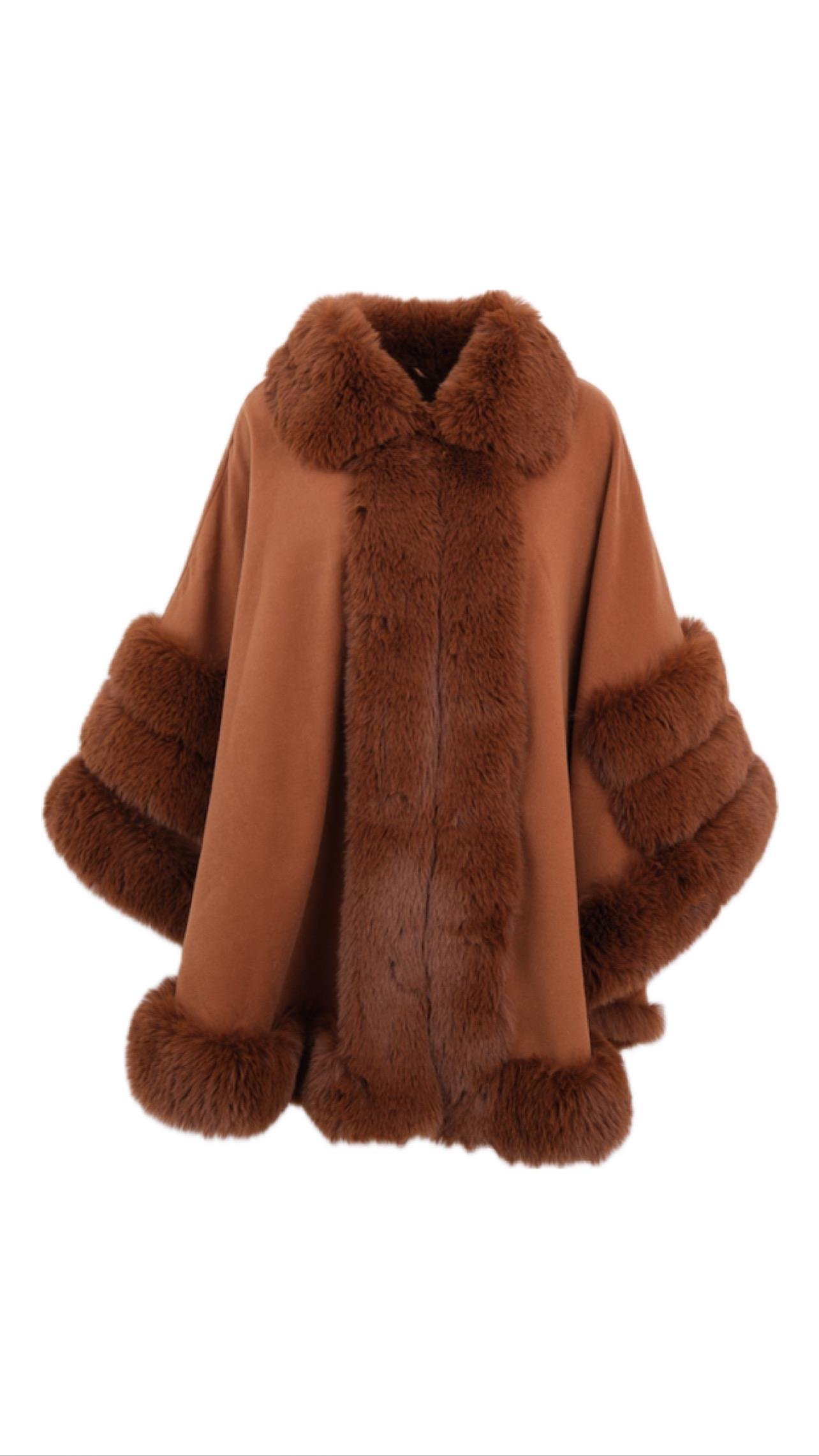 MARCELA Kürklü Kaşmir Panço - Kahverengi