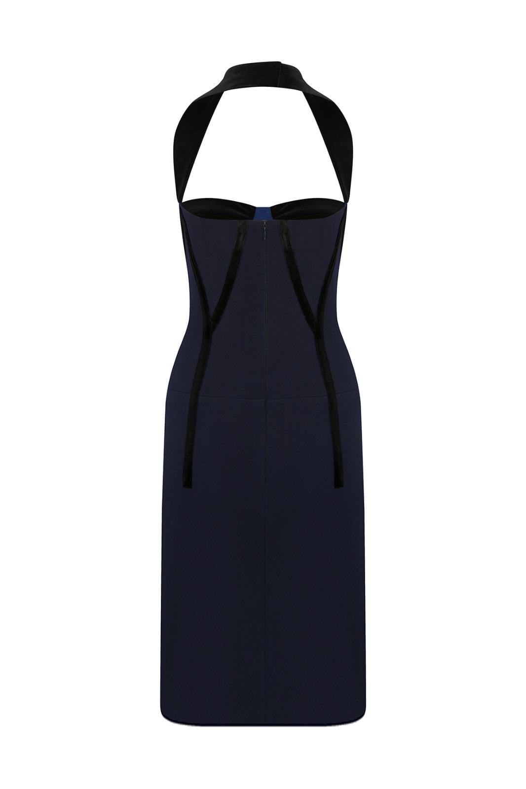 MAREA Kadife Çizgi Detaylı Midi Elbise - Lacivert