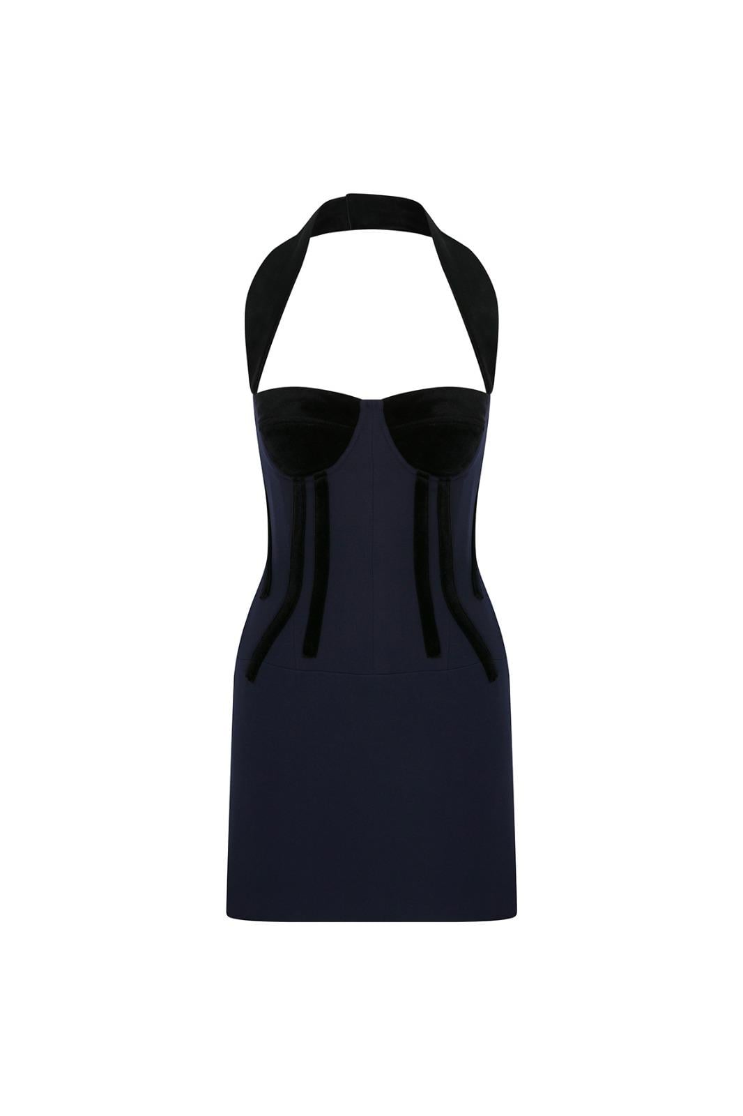 MAREA Kadife Çizgi Detaylı Mini Elbise - Lacivert